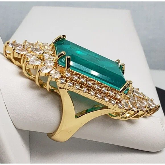 Signed Princess Doublet Natural Emerald with CZ 18KGL Size 9 Cocktail Ring - Picture 9 of 16